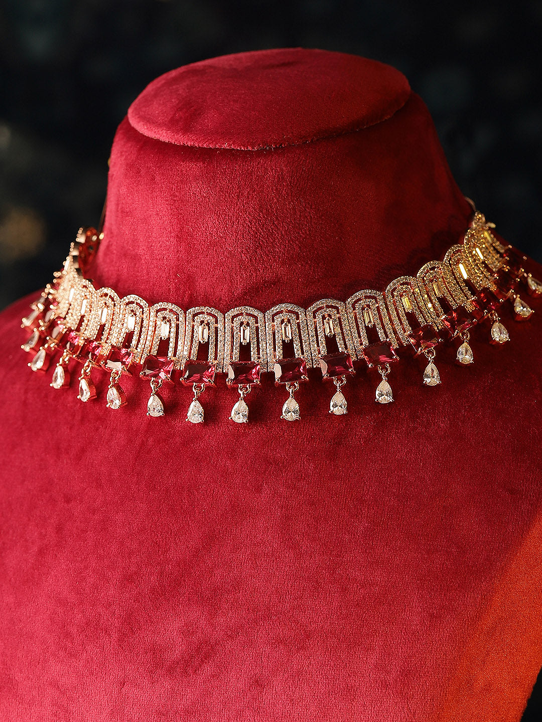 Priyaasi Gold Plated Red Ruby American Diamond Jewellery Set