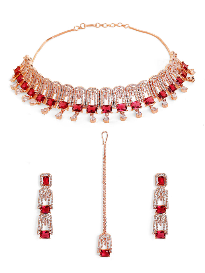 Priyaasi Gold Plated Red Ruby American Diamond Jewellery Set