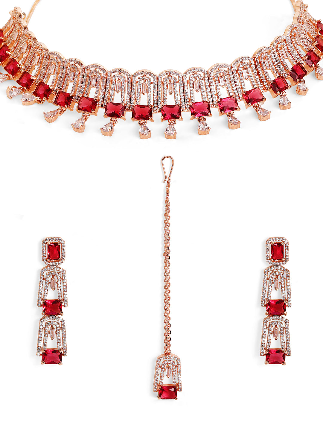 Priyaasi Gold Plated Red Ruby American Diamond Jewellery Set