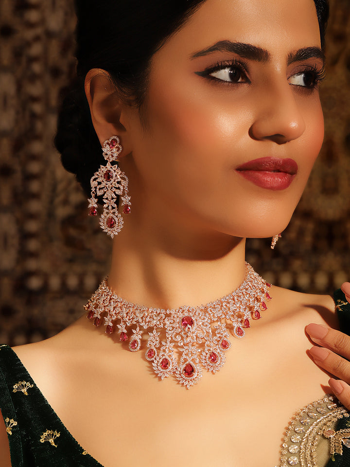 Priyaasi Gold Plated Red Ruby American Diamond Jewellery Set