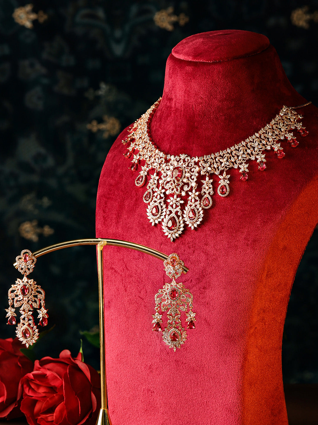 Priyaasi Gold Plated Red Ruby American Diamond Jewellery Set