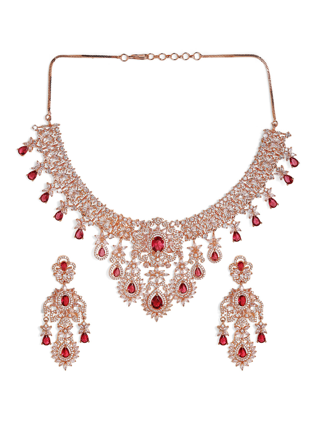 Priyaasi Gold Plated Red Ruby American Diamond Jewellery Set