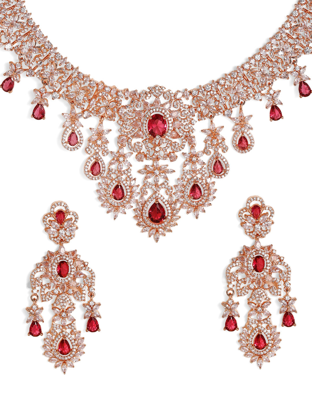 Priyaasi Gold Plated Red Ruby American Diamond Jewellery Set