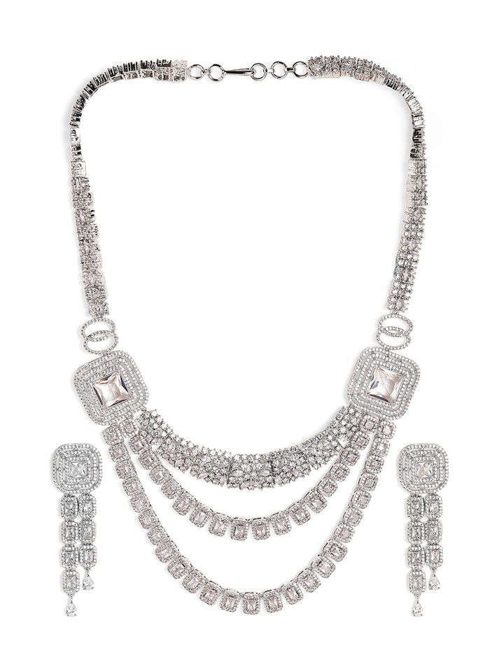 Geometric Elegance Layered Silver Plated AD Necklace and Drop Earrings Jewellery Set