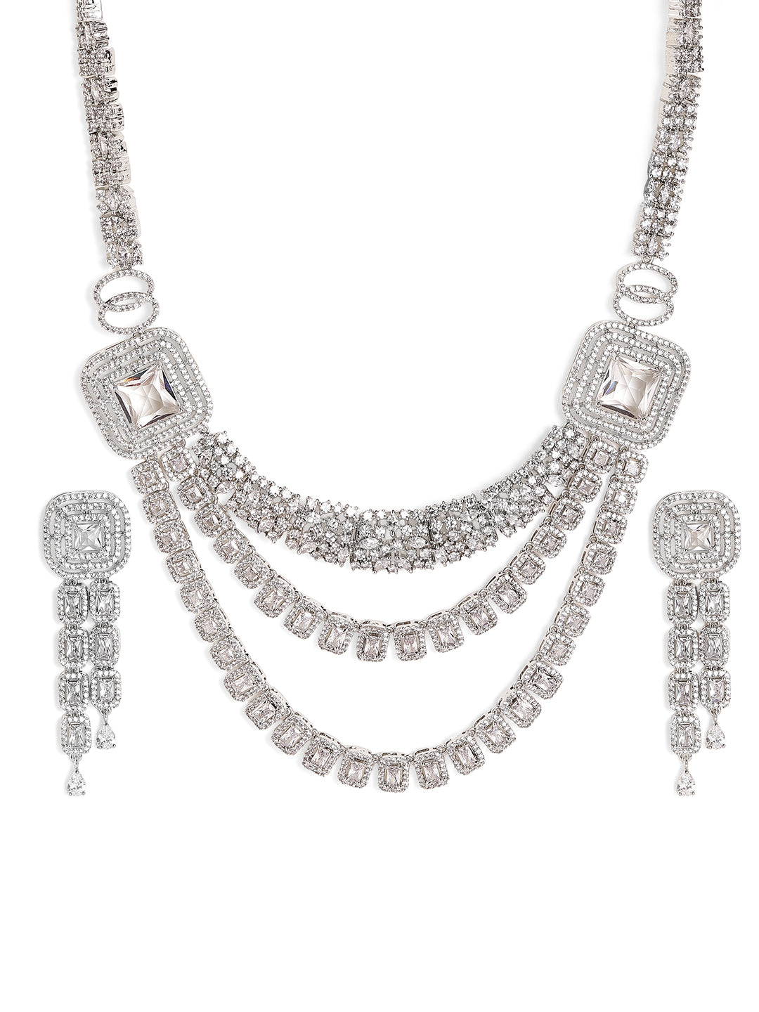 Geometric Elegance Layered Silver Plated AD Necklace and Drop Earrings Jewellery Set