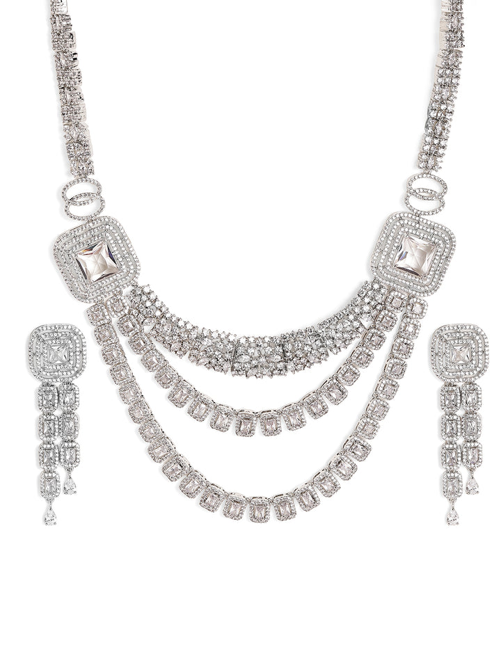 Geometric Elegance Layered Silver Plated AD Necklace and Drop Earrings Jewellery Set