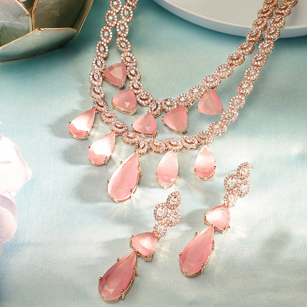 Pink Drop Stoned Layered Rose gold Plated Necklace and Drop earrings Jewellery Set