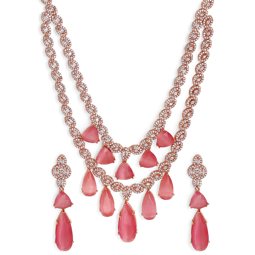 Pink Drop Stoned Layered Rose gold Plated Necklace and Drop earrings Jewellery Set