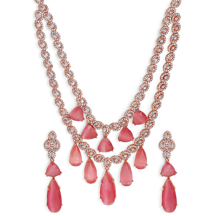 Pink Drop Stoned Layered Rose gold Plated Necklace and Drop earrings Jewellery Set