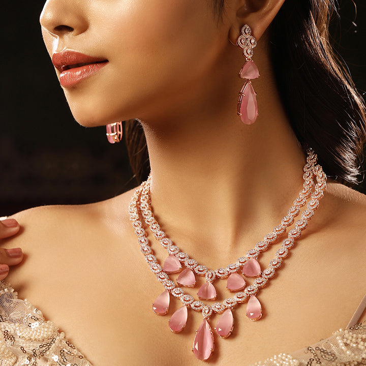 Pink Drop Stoned Layered Rose gold Plated Necklace and Drop earrings Jewellery Set