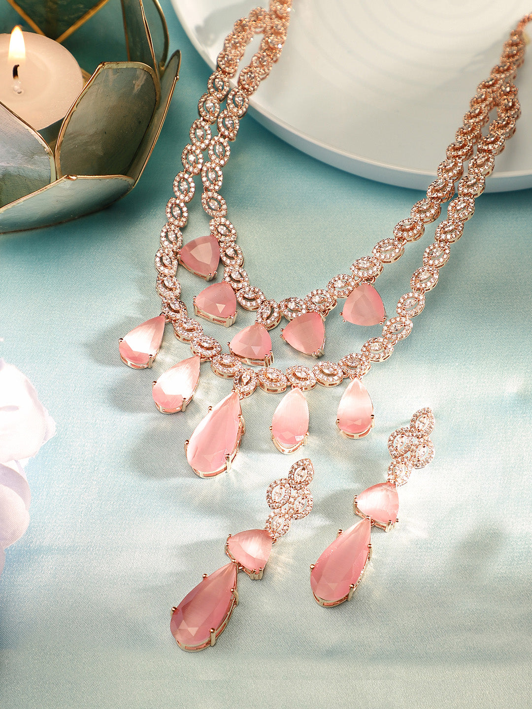 Pink Drop Stoned Layered Rose gold Plated Necklace and Drop earrings Jewellery Set