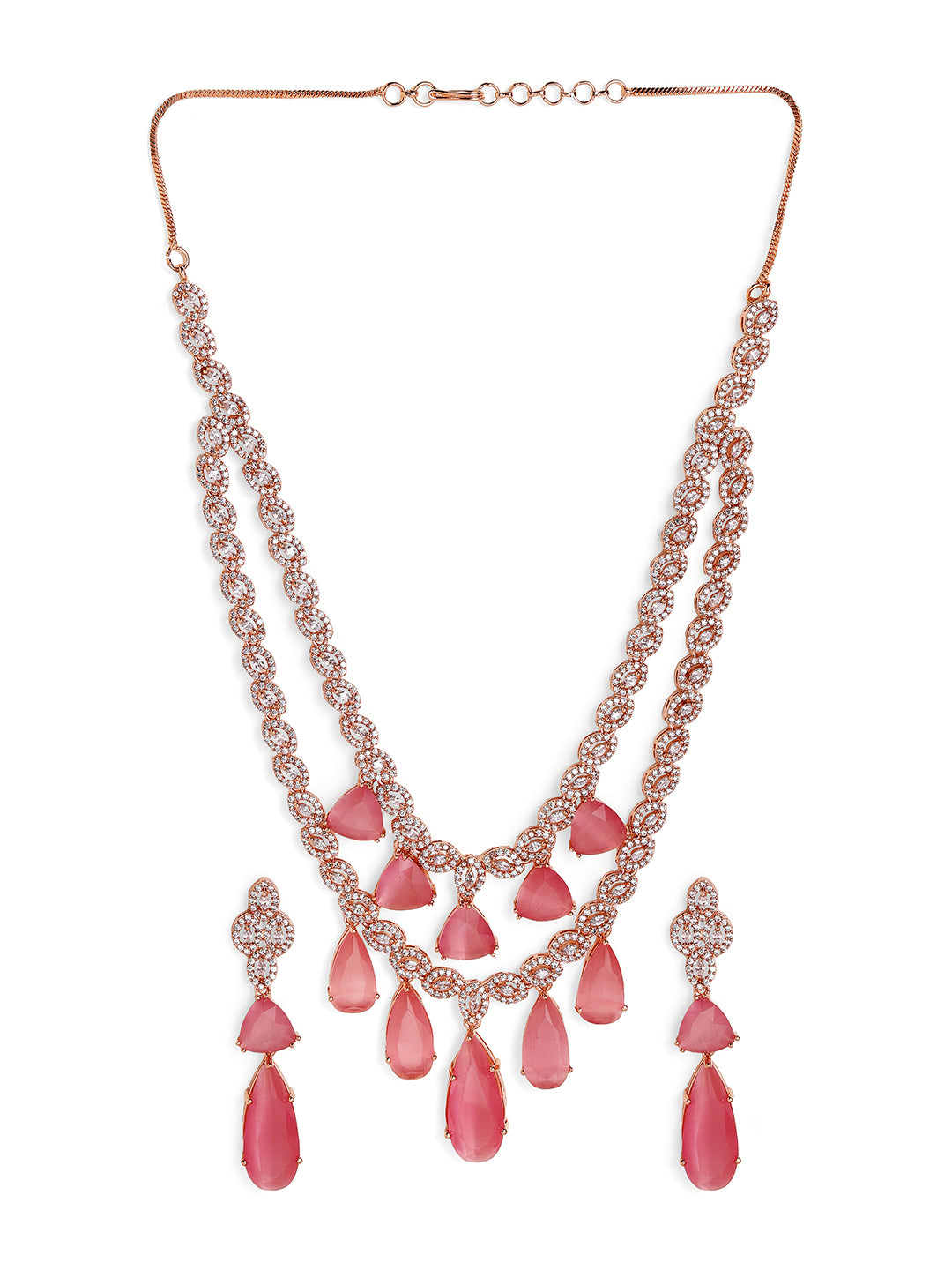 Pink Drop Stoned Layered Rose gold Plated Necklace and Drop earrings Jewellery Set