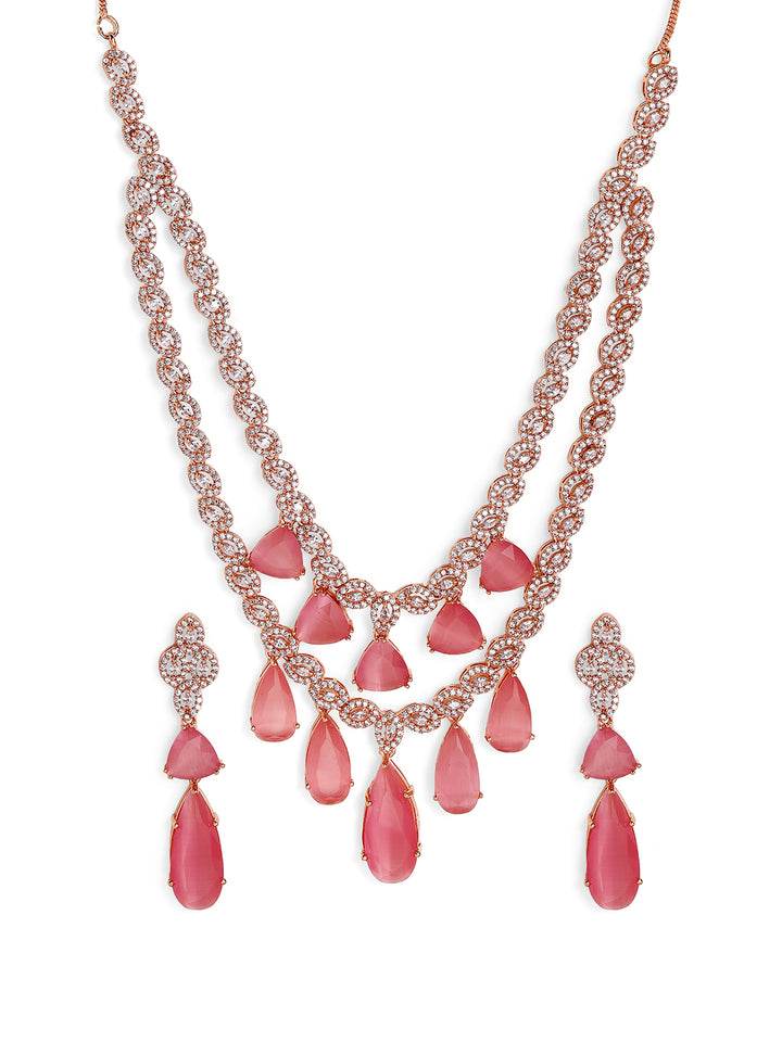 Pink Drop Stoned Layered Rose gold Plated Necklace and Drop earrings Jewellery Set