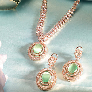 Mint Stoned Geometric Elegance Floral Style Rosegold Necklace and Drop Earrings Jewellery Set