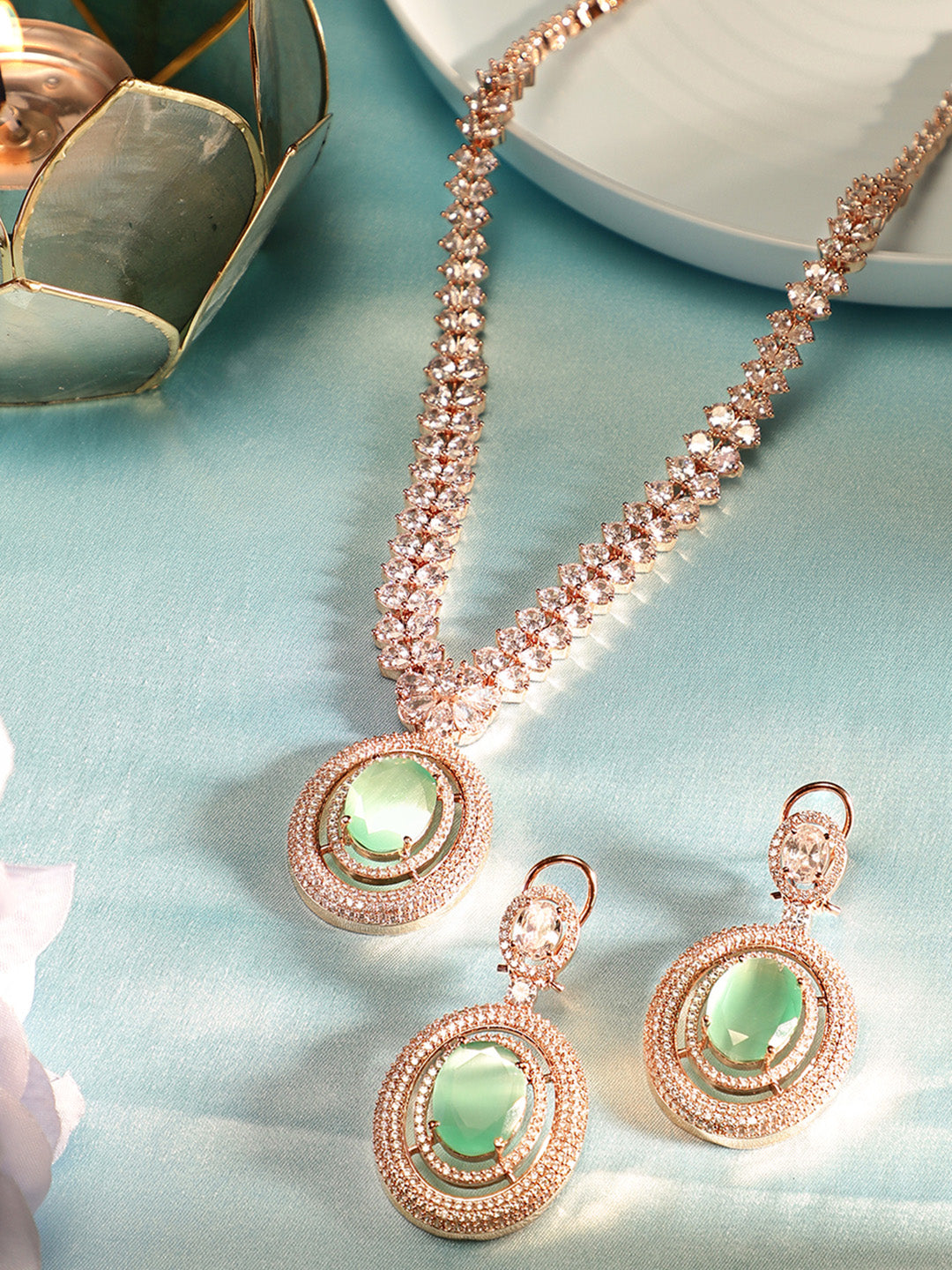 Mint Stoned Geometric Elegance Floral Style Rosegold Necklace and Drop Earrings Jewellery Set