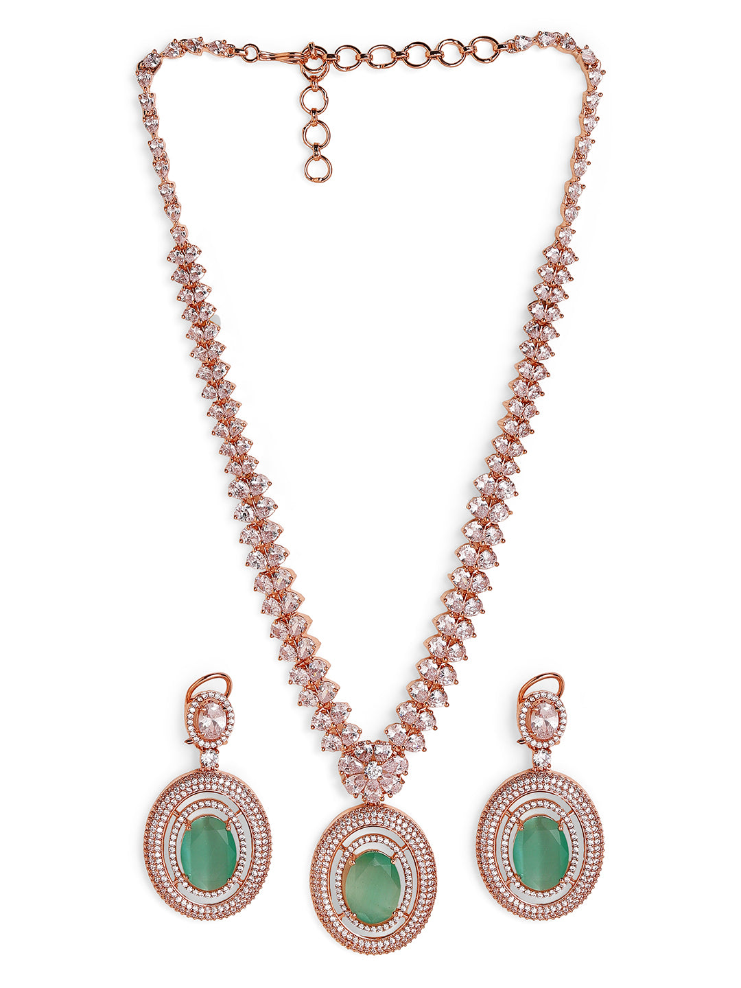 Mint Stoned Geometric Elegance Floral Style Rosegold Necklace and Drop Earrings Jewellery Set