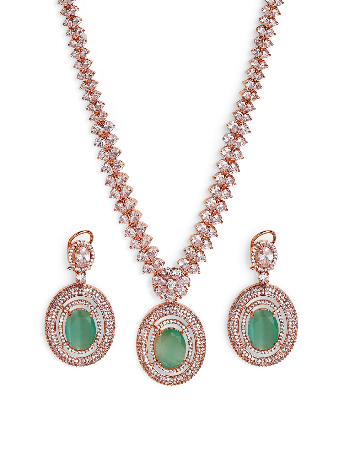 Mint Stoned Geometric Elegance Floral Style Rosegold Necklace and Drop Earrings Jewellery Set