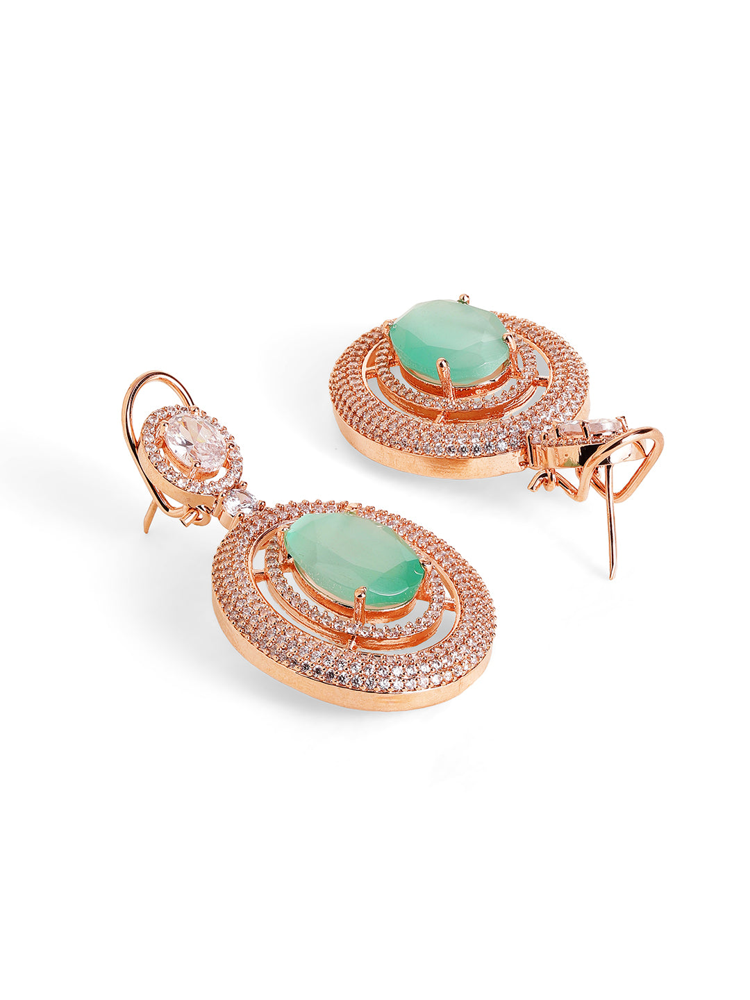 Mint Stoned Geometric Elegance Floral Style Rosegold Necklace and Drop Earrings Jewellery Set