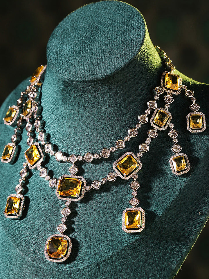 Yellow Stoned Silver Plated Geometrical Elegance Layered Necklace and Drop Earrings Jewellery Set