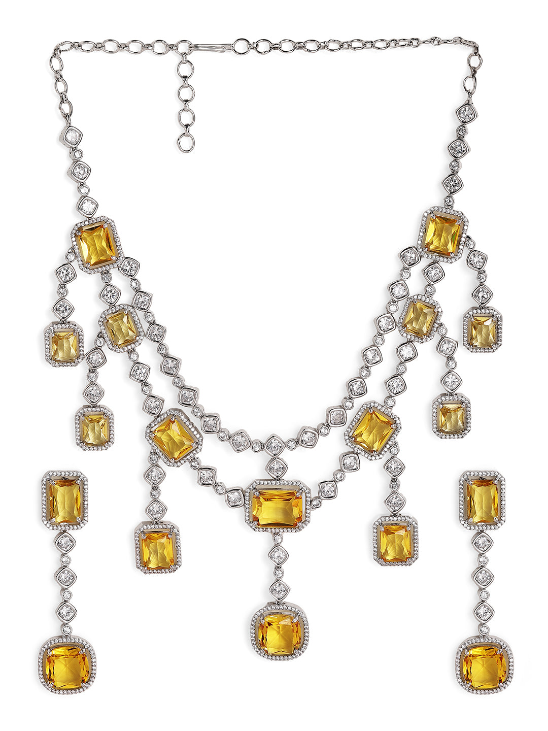 Yellow Stoned Silver Plated Geometrical Elegance Layered Necklace and Drop Earrings Jewellery Set