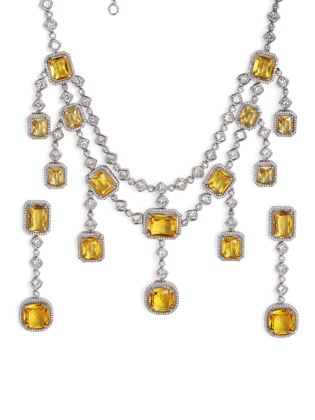 Yellow Stoned Silver Plated Geometrical Elegance Layered Necklace and Drop Earrings Jewellery Set