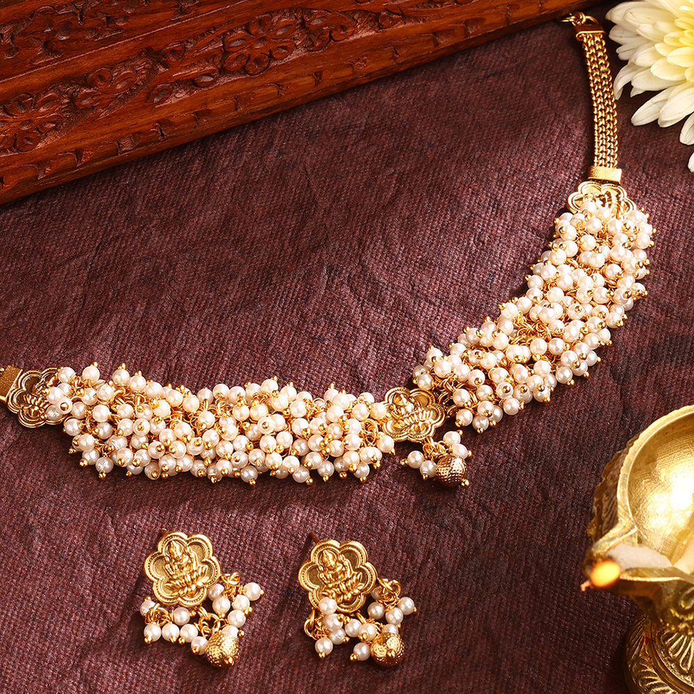 Lakshmi Pendant with Pearl Elegance Chocker Necklace Gold Plated Earrings Jewellery Set