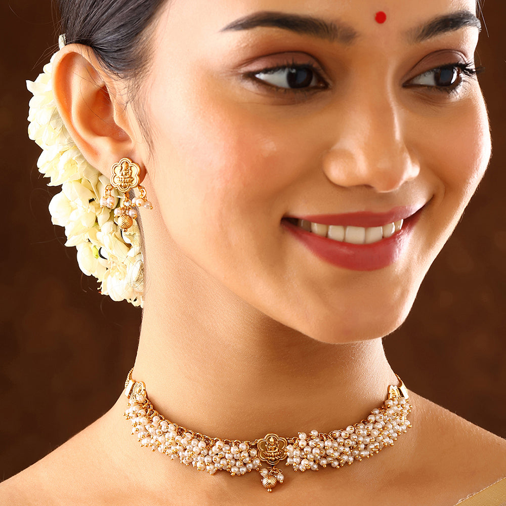 Lakshmi Pendant with Pearl Elegance Chocker Necklace Gold Plated Earrings Jewellery Set