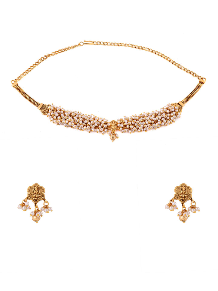 Lakshmi Pendant with Pearl Elegance Chocker Necklace Gold Plated Earrings Jewellery Set