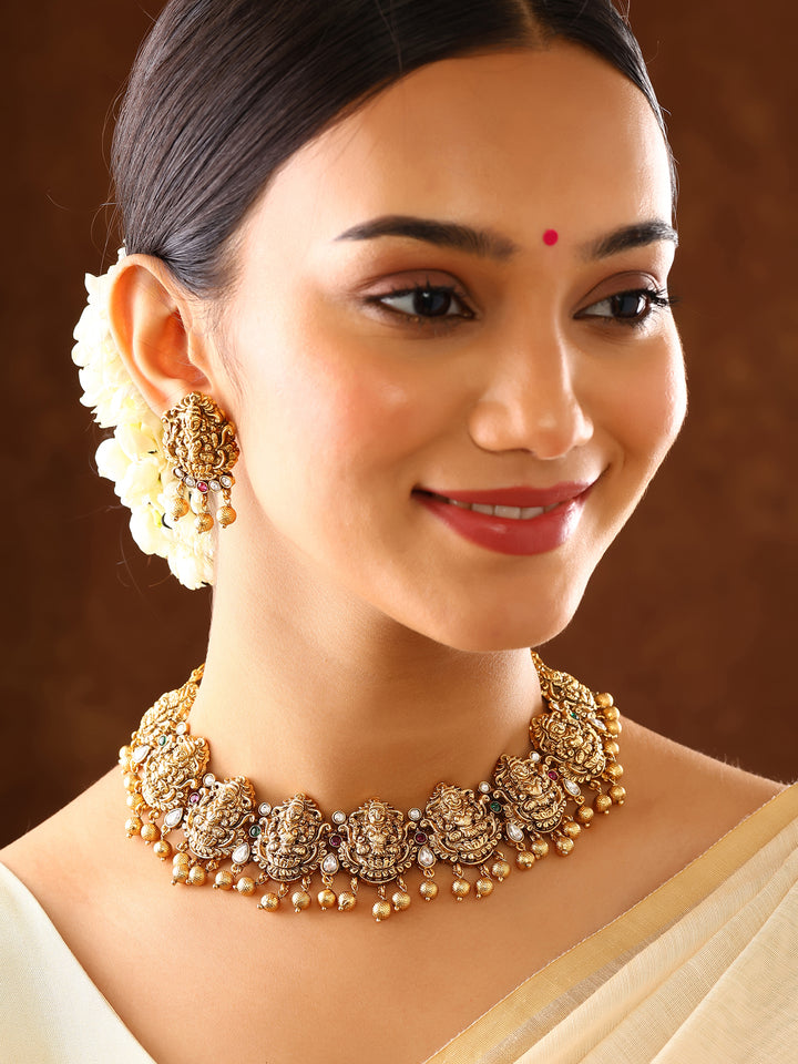 Goddess Nakshi Design Gold Plated Necklace with Earrings Jewellery Set