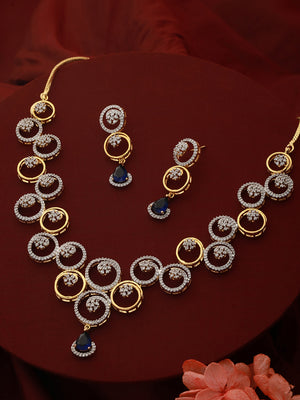 Flower Rings Blue Stone American Diamond Gold-Plated Jewellery Set