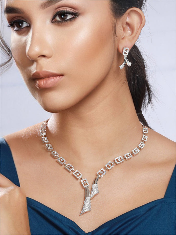 Studded Blocks American Diamond Silver-Plated Jewellery Set