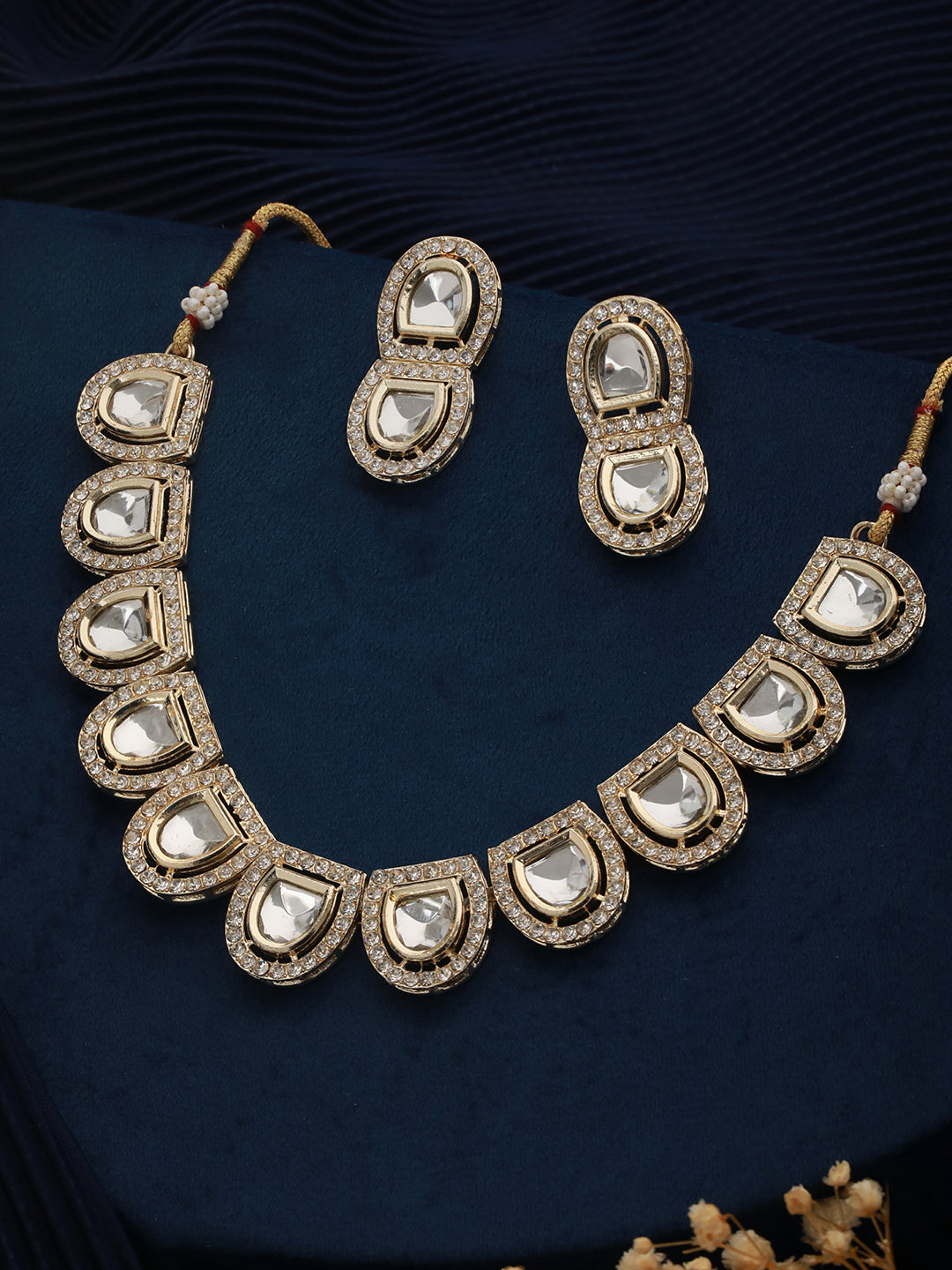 Semi-Oval Studded Polki Kundan Gold-Plated Jewellery Set