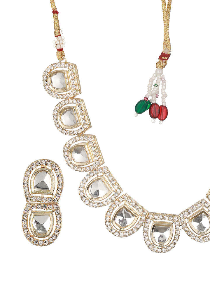 Semi-Oval Studded Polki Kundan Gold-Plated Jewellery Set