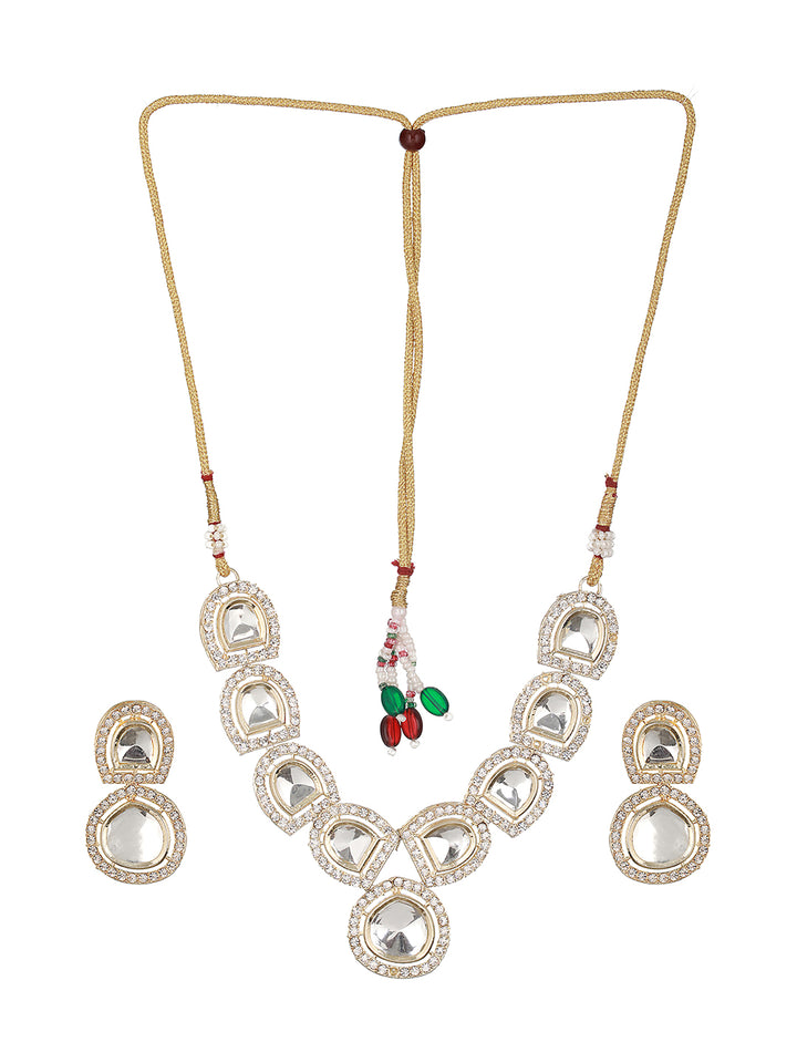 Priyaasi Elegant Shaped Studded Polki Kundan Gold-Plated Jewellery Set