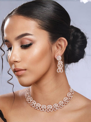 Priyaasi White Stone Spiral Drops Rose Gold-Plated Jewellery Set