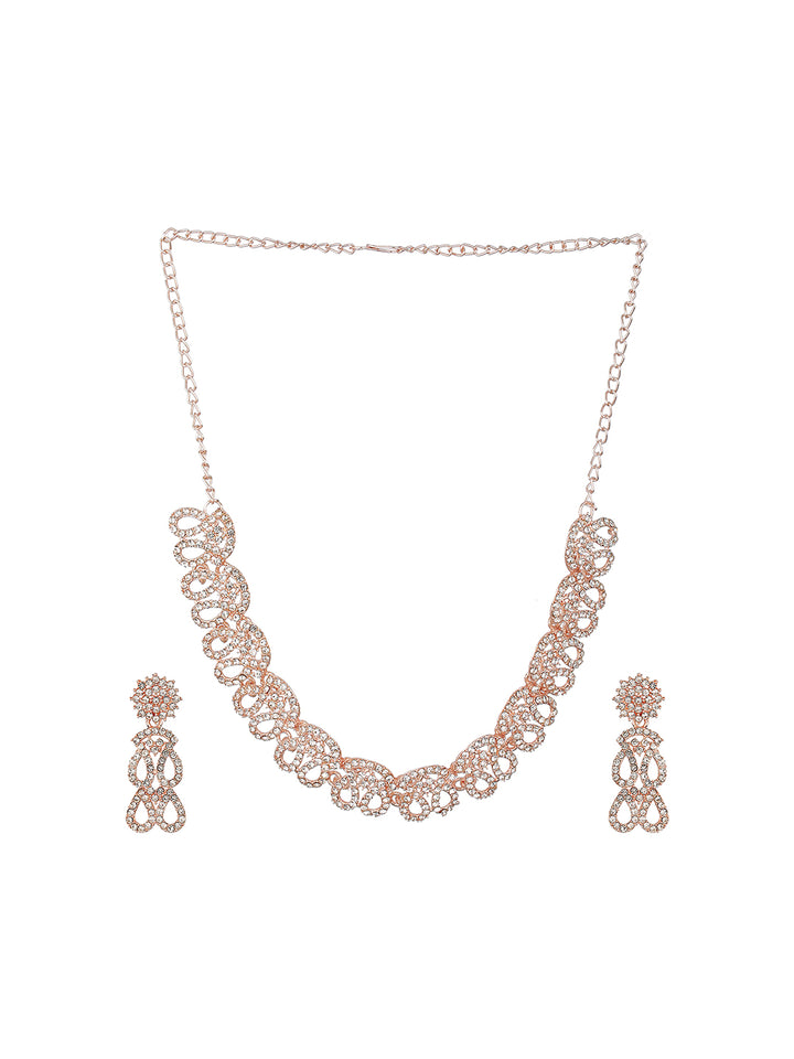 Priyaasi White Stone Spiral Drops Rose Gold-Plated Jewellery Set