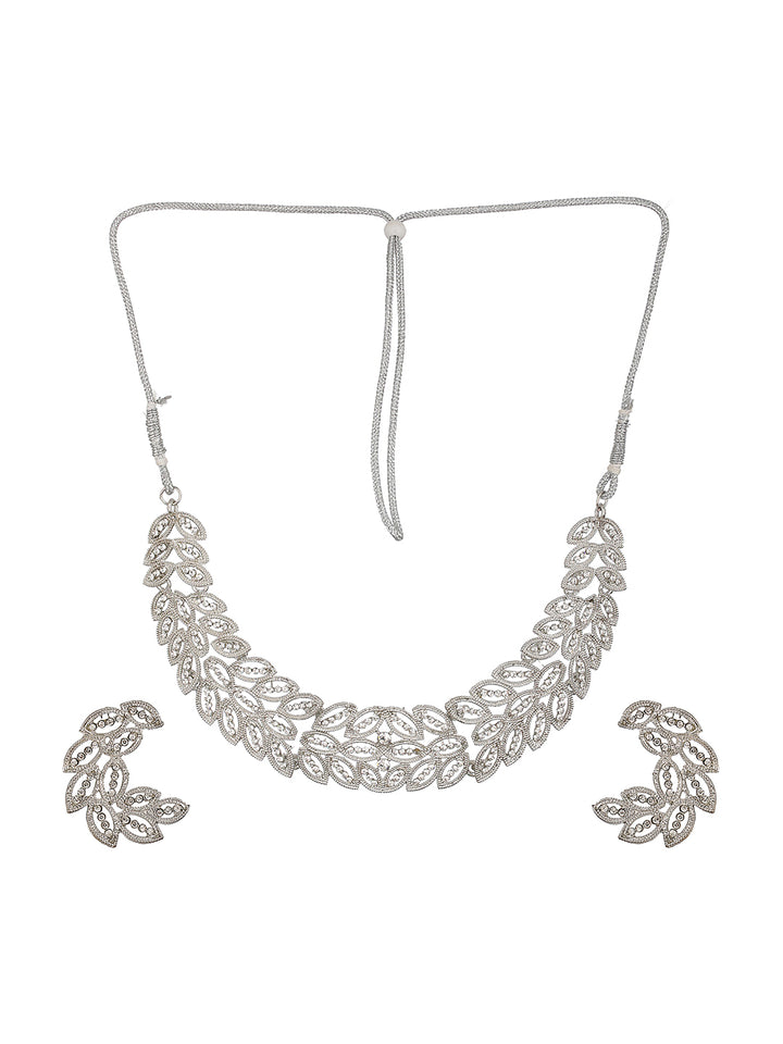 Statement Studded Leaf Design Silver-Plated Jewellery Set