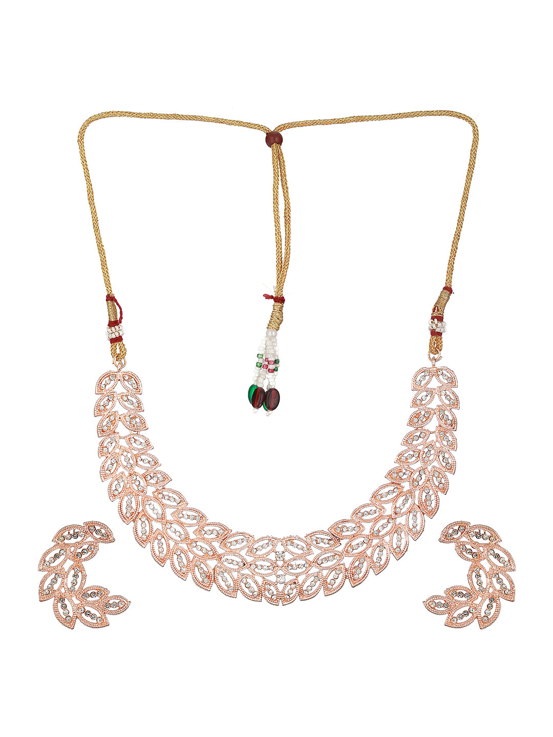 Statement Studded Leaf Design Rose Gold-Plated Jewellery Set