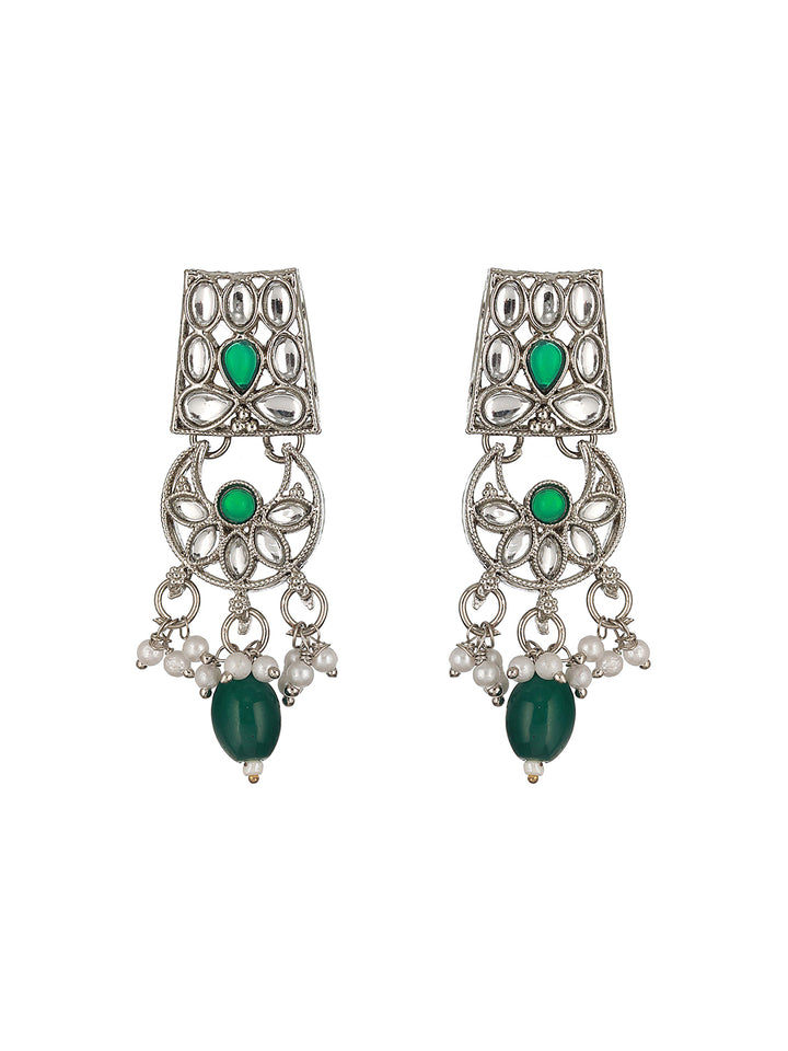Priyaasi Green Floral Beaded Stone Studded Silver-Plated Jewellery Set with Maangtikka
