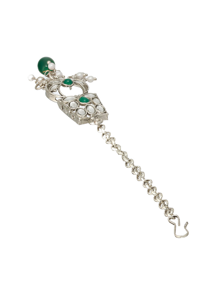 Priyaasi Green Floral Beaded Stone Studded Silver-Plated Jewellery Set with Maangtikka