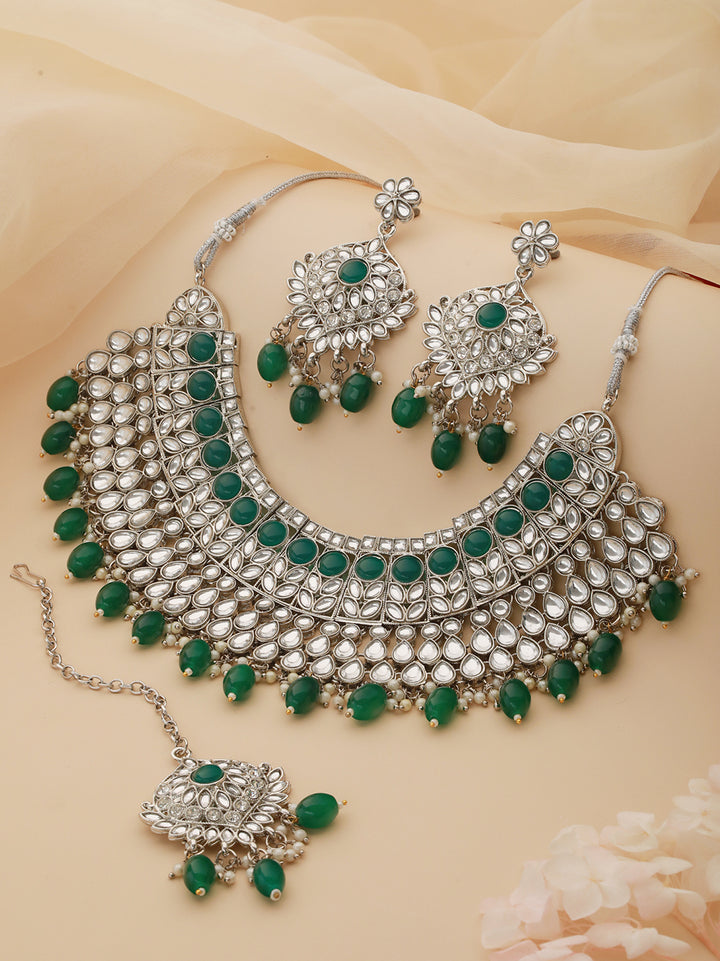 Priyaasi Green Round Leaf Studded Silver-Plated Jewellery Set with Maangtikka