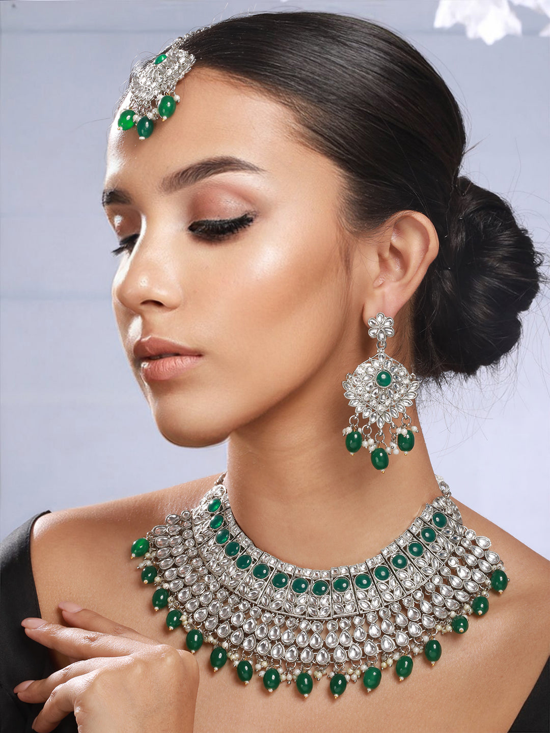 Priyaasi Green Round Leaf Studded Silver-Plated Jewellery Set with Maangtikka