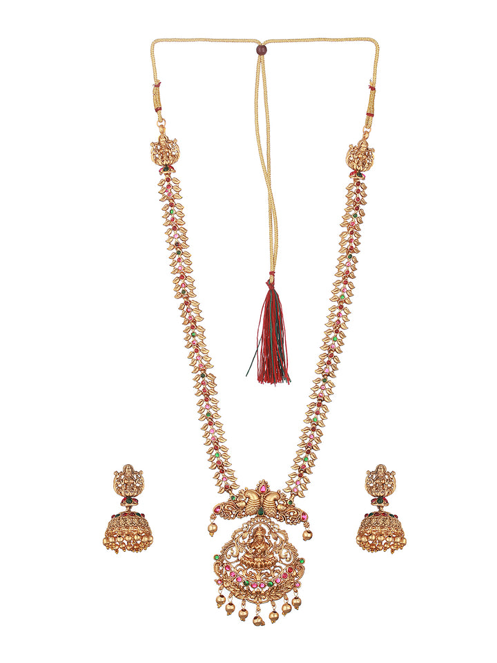 Priyaasi Goddess Laxmi Kemp Stone Studded Layered Gold-Plated Jewellery Set
