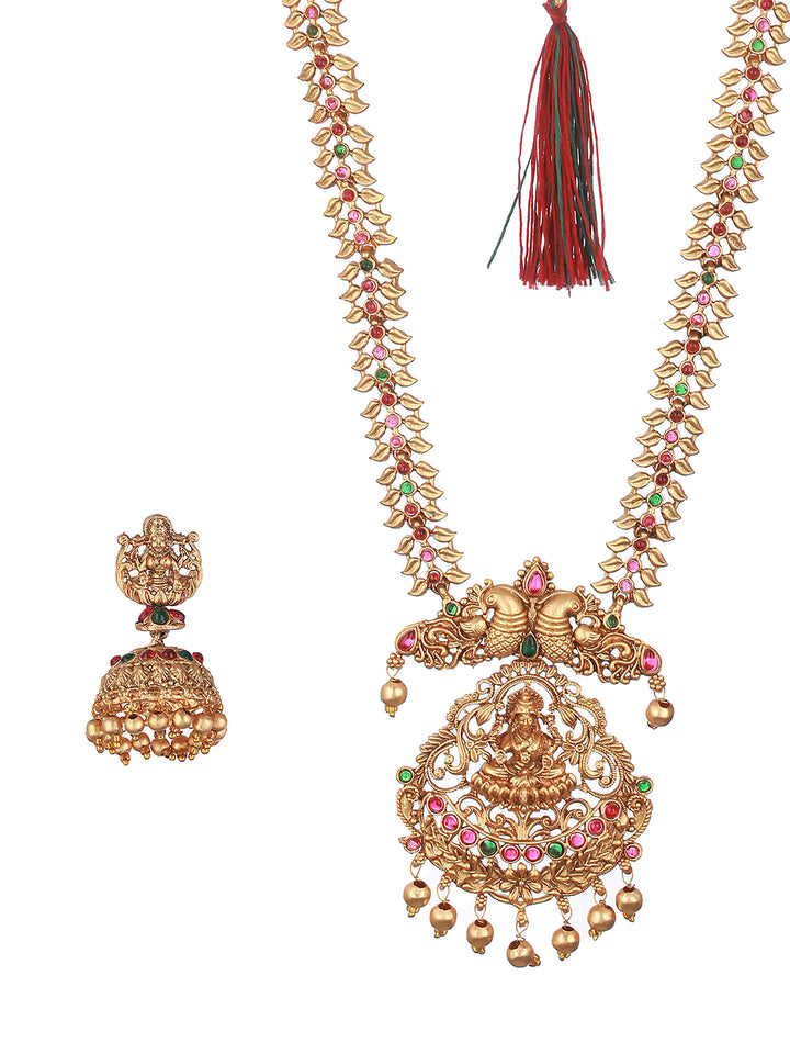 Priyaasi Goddess Laxmi Kemp Stone Studded Layered Gold-Plated Jewellery Set