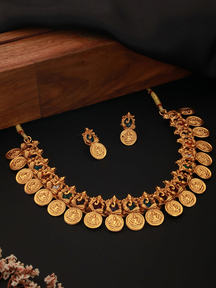 Priyaasi Multicolor Stone Ganesha Laxmi Coin Gold-Plated Jewellery Set