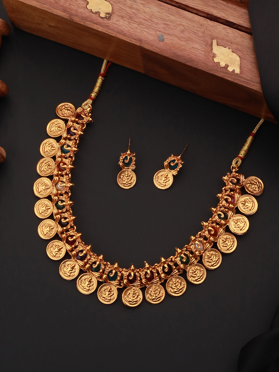 Priyaasi Multicolor Stone Ganesha Laxmi Coin Gold-Plated Jewellery Set