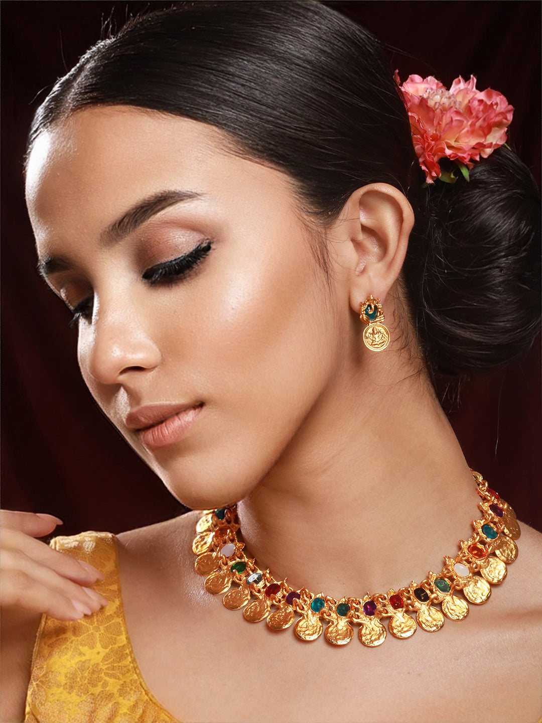 Priyaasi Multicolor Stone Ganesha Laxmi Coin Gold-Plated Jewellery Set