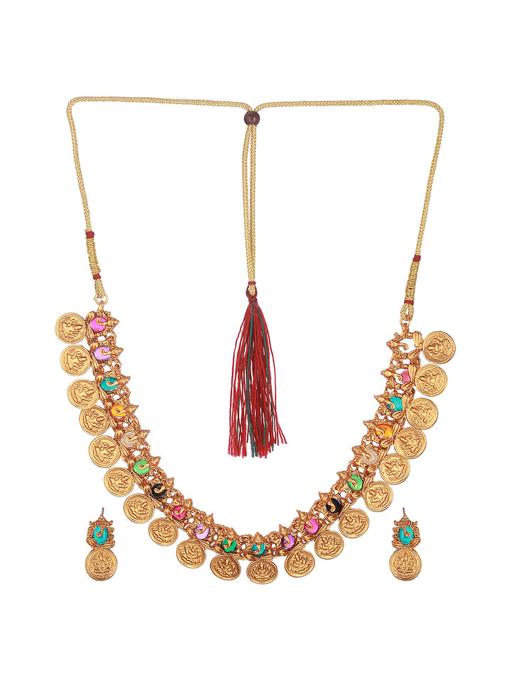 Priyaasi Multicolor Stone Ganesha Laxmi Coin Gold-Plated Jewellery Set