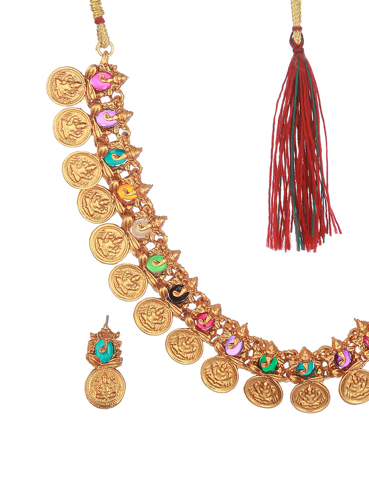 Priyaasi Multicolor Stone Ganesha Laxmi Coin Gold-Plated Jewellery Set