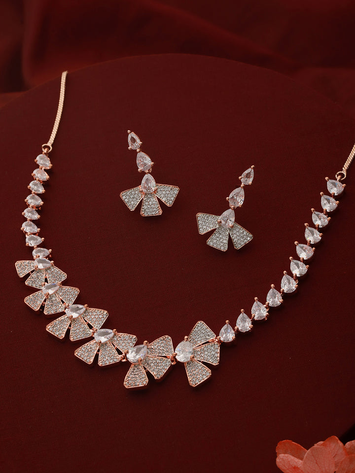 Priyaasi Half-Floral Leaf American Diamond Rose Gold-Plated Jewellery Set